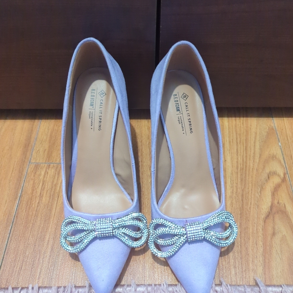 Call It Spring Lilac Pointed-Toe Heels with Rhinestone Bow - Picture 2 of 3
